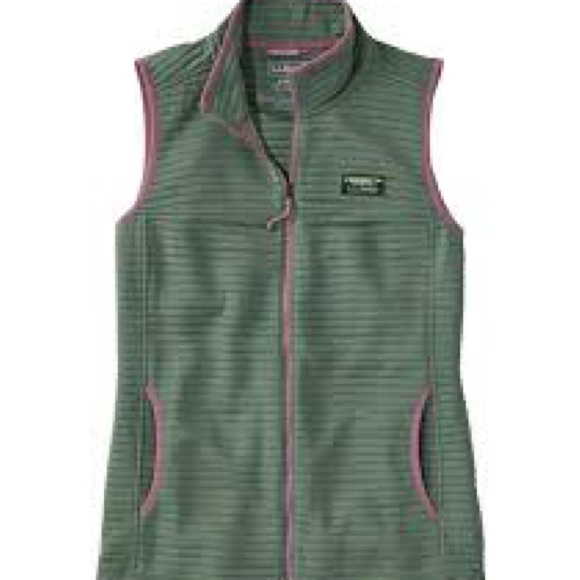 L.L. Bean Jackets & Blazers - L.L. Bean Green Striped Fleece Vest with Pink Trim